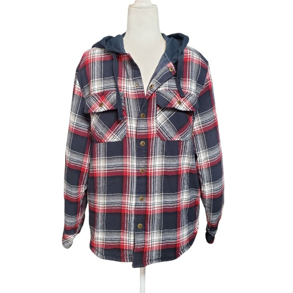Legendary Outfitters Flannel Shirt Jacket Mens Size Small Red Plaid Print Hooded
